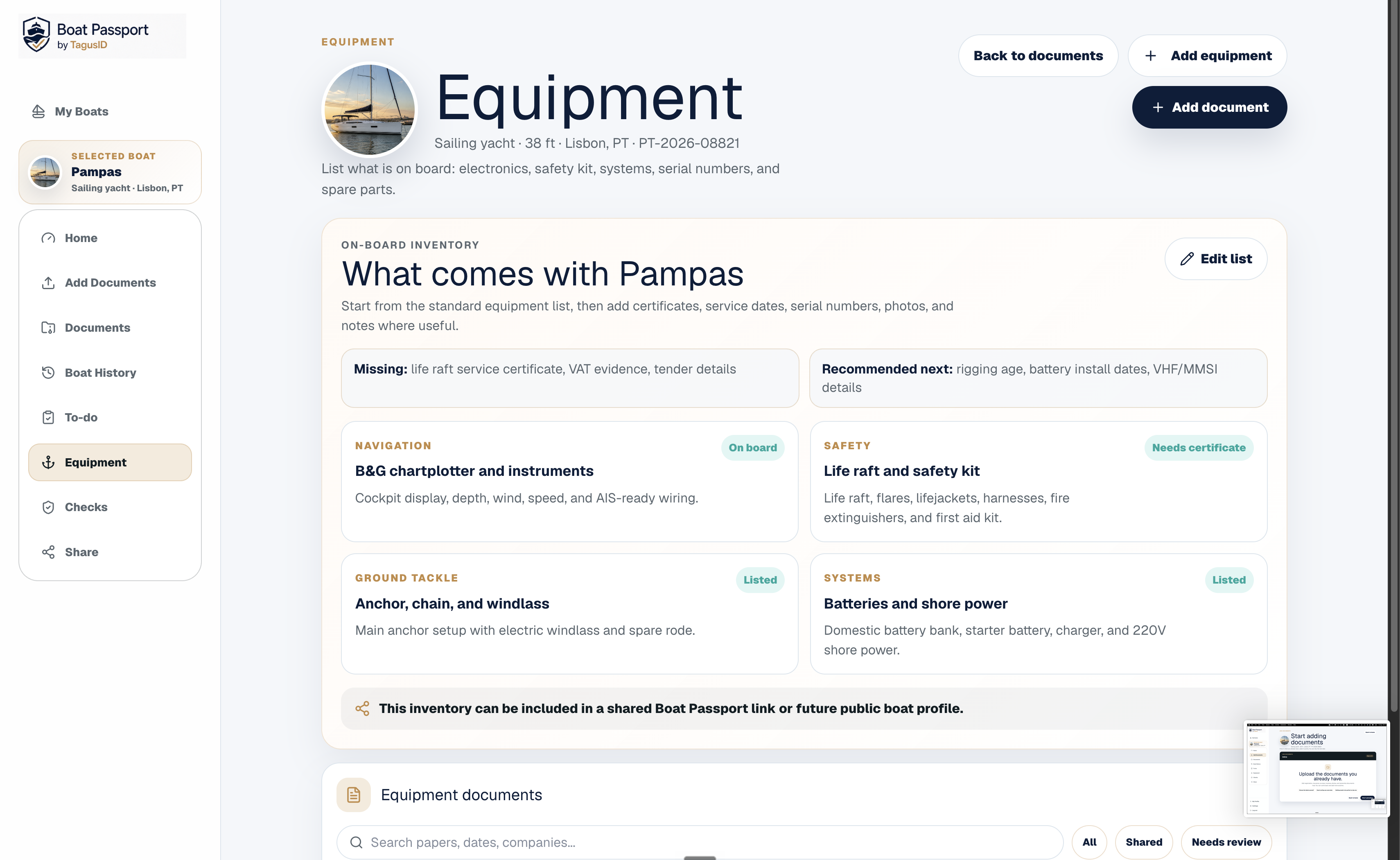 On-board inventory screen from the TAGUSID BOATS owner experience
