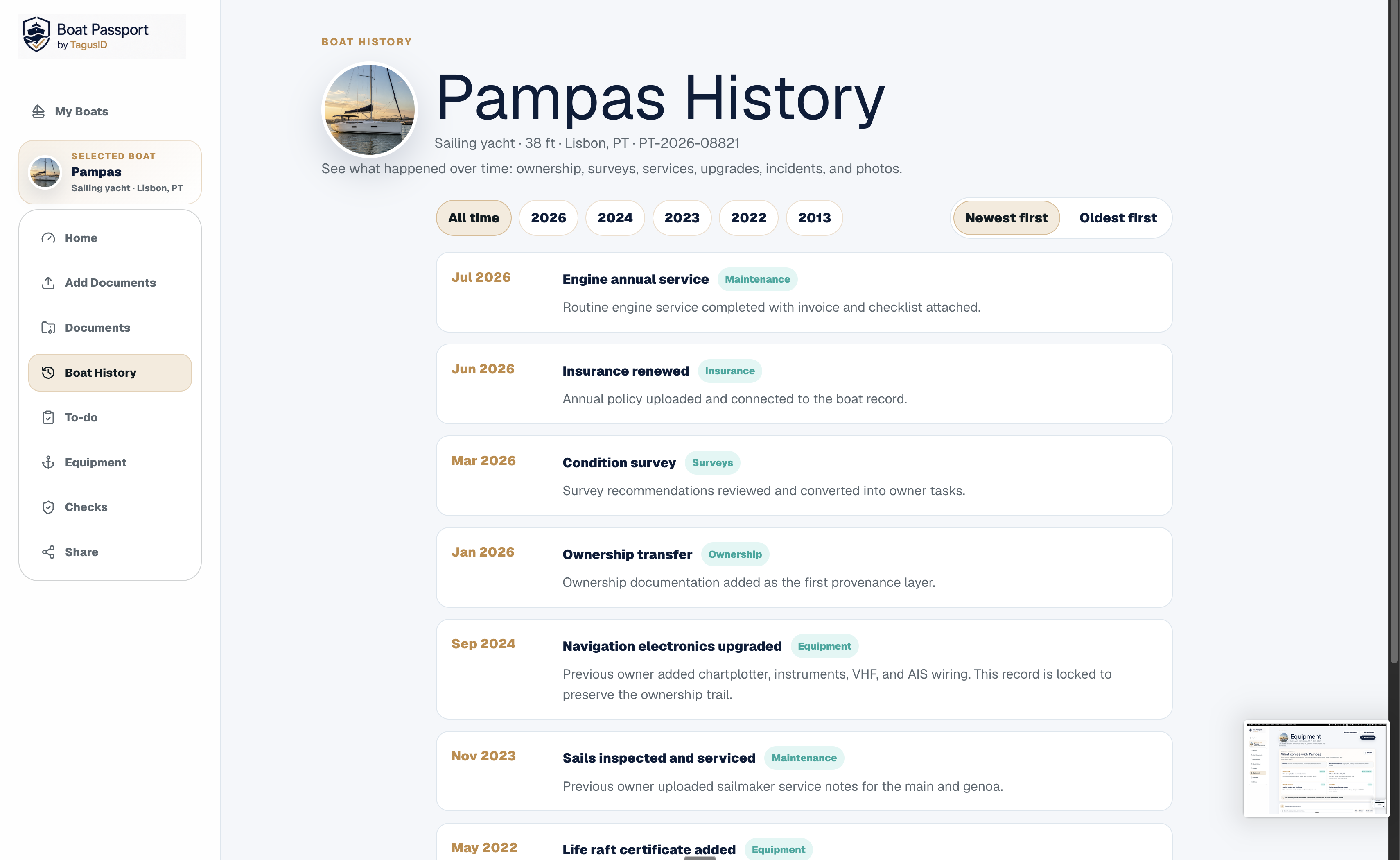 Boat history screen from the TAGUSID BOATS owner experience