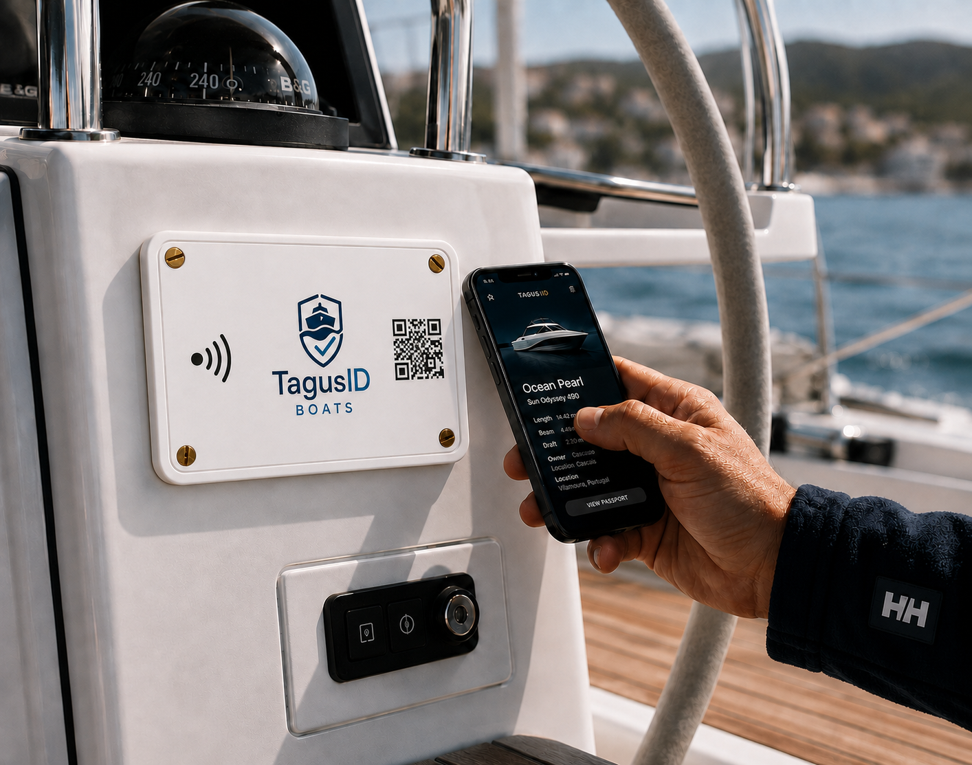 Approved white TAGUSID BOATS plaque on a motor yacht helm