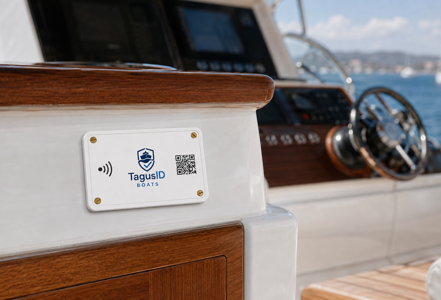 Approved TAGUSID BOATS plaque installed at a motor yacht helm